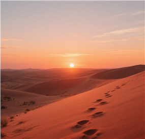 日暮黄昏夕阳沙漠脚印摄影图片